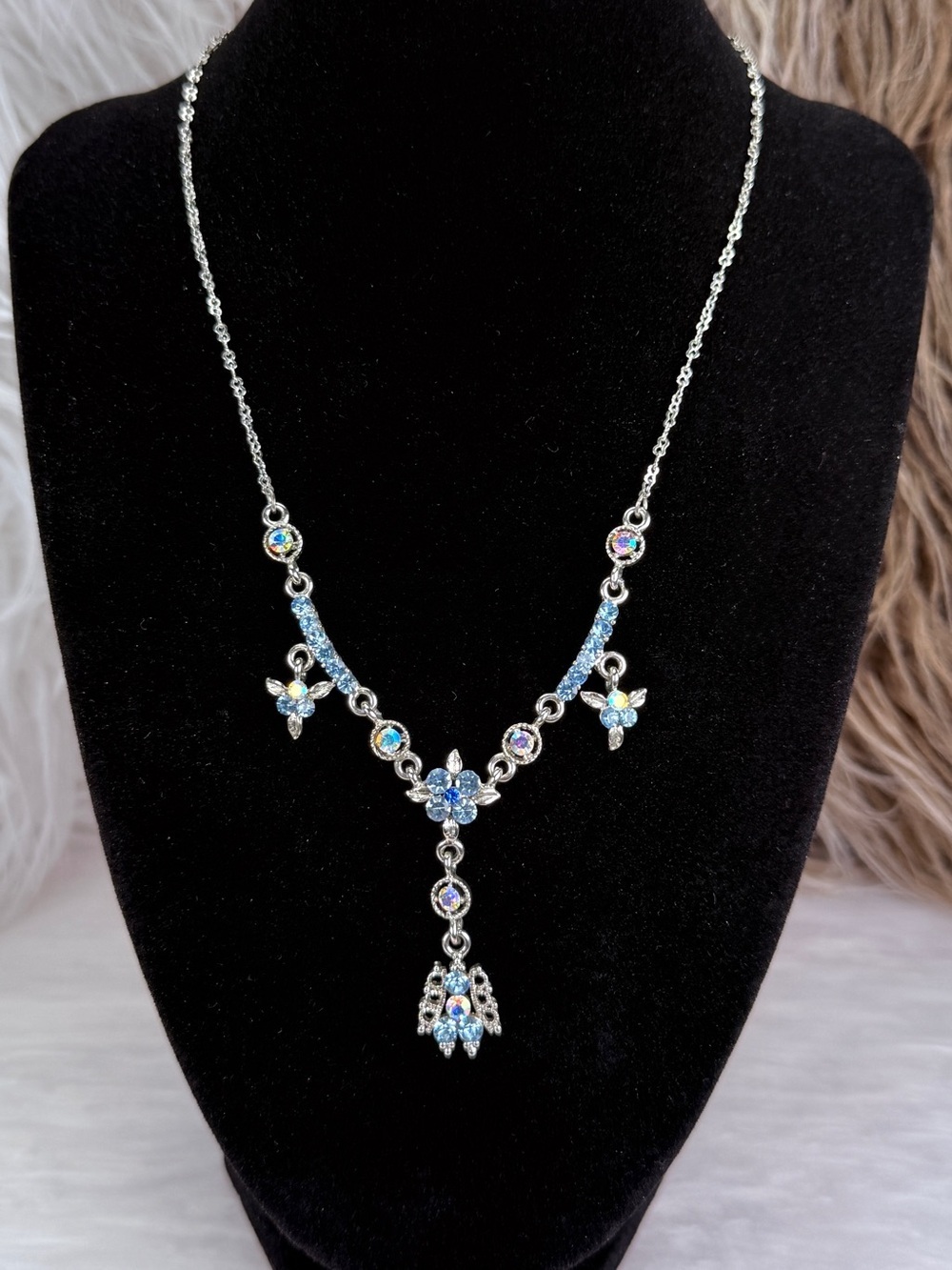 Vintage Blue Rhinestone Floral Dangle Statement Necklace